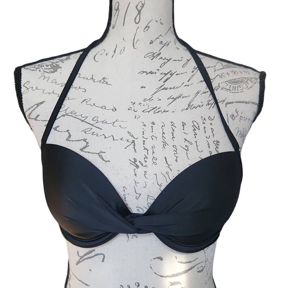 Aerie Women's Size 32C Black Twist Front Pushup Underwire Halter Bikini Top